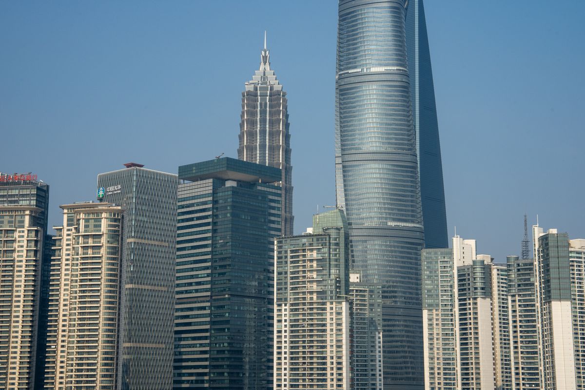 Towers of Shanghai's Lujiazui financial district, Shanghai Tower at right.